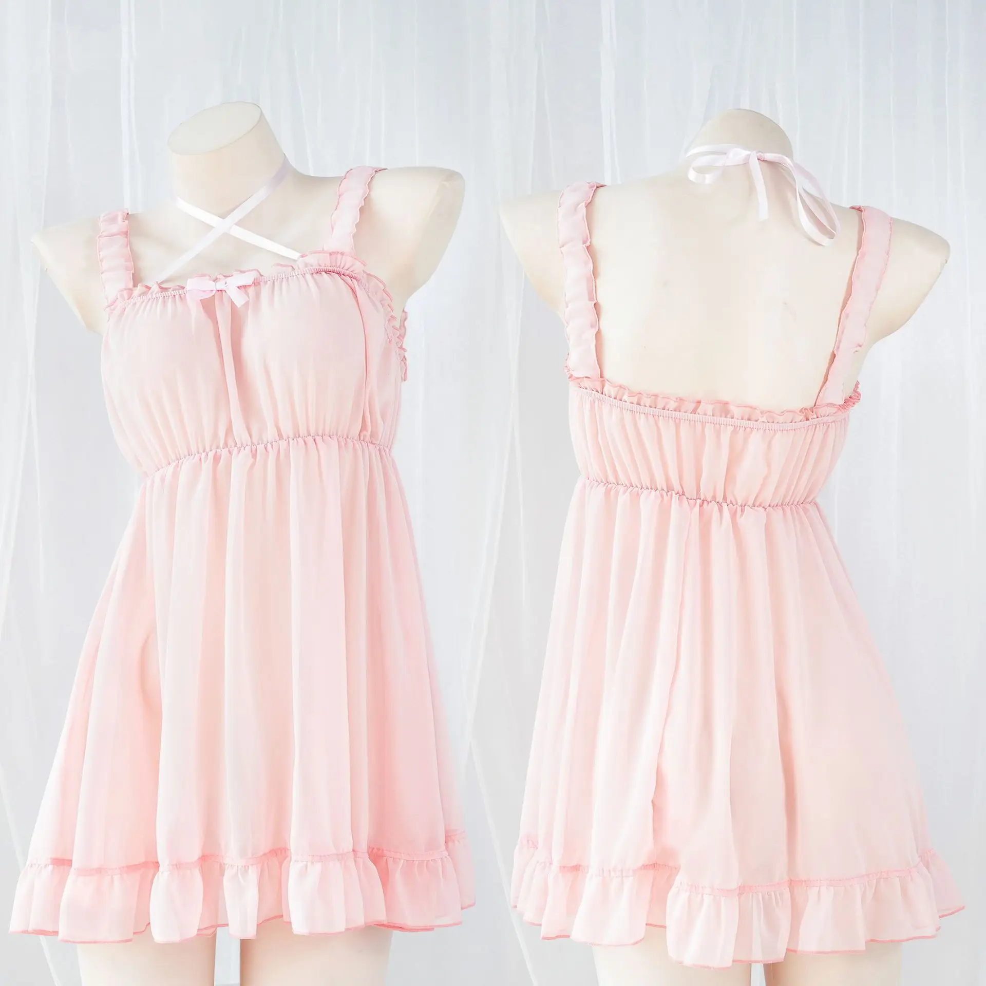 Sweet Maid Cosplay Japanese Anime Lolita Girls Pink Chiffon Bandage Pajamas Sexy Homewear Dress Nightdress Outfits Costumes