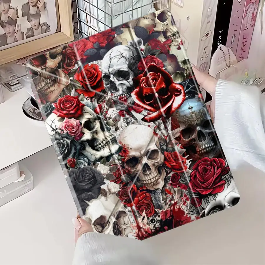 

Чехол-подставка для планшетов iPad Pro 2025, Pro 11-го, 10-го, 9-го, 8-го, 7-го поколений, 12.9 дюймов, Air 4, 5, M3, M2, 1, 2, M4, 11 дюймов, Mini 6, 7, Skeleton Rose