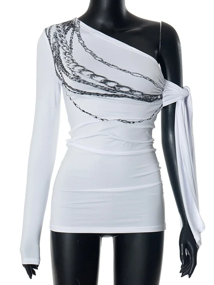 Inclined Collar T Shirts For Women Y2k Clothes Chain Printed Tops Bandage Sleeve Camisetas Slim Fit Ropa De Mujer Club Outfit