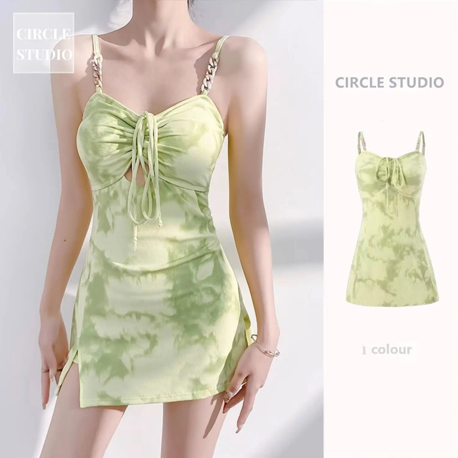 2025 Summer New Small Fresh Swimsuit Women's Flat Pants Strap Conservative Cover for Belly and Look Thin Green Swimsuit