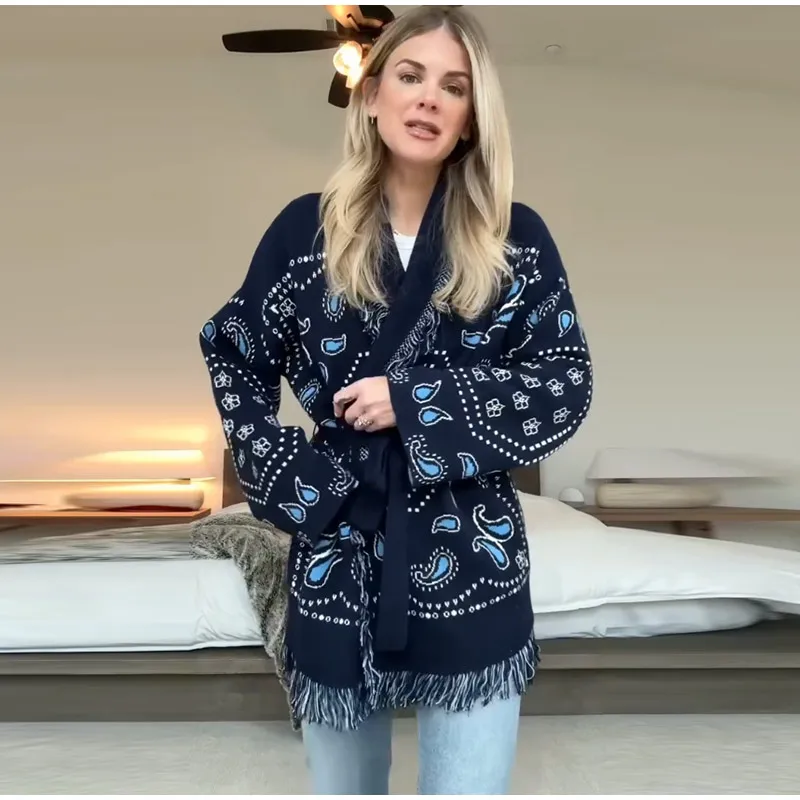 Knitted Jacquard Tassels Patchwork Cardigans Women Sweaters Long Sleeve V-neck Thicken Vacation Sweater 2025 Autumn Coats Tops