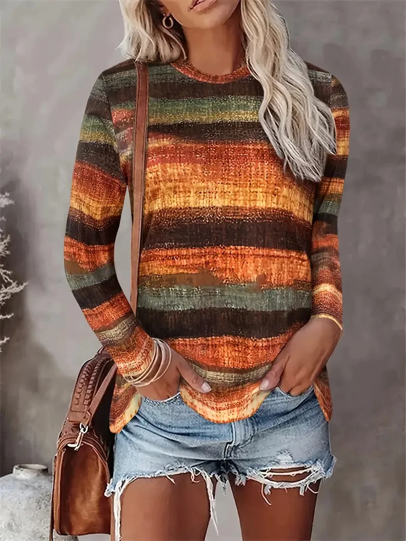 

New Autumn Women's Long-Sleeved T-Shirt Retro Fashion Round Neck Long-Sleeved Top Striped Print OverSize Women's Clothing