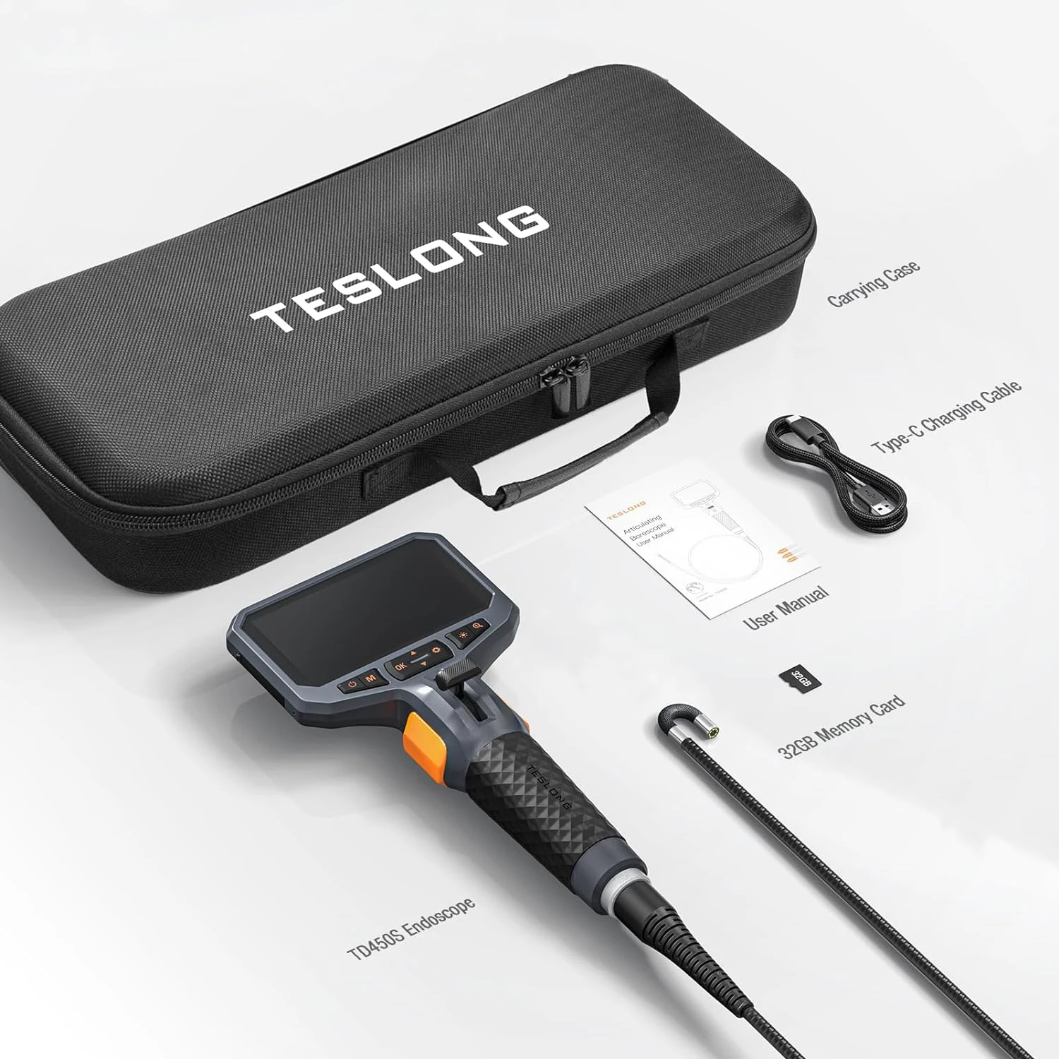 TD450S 3.9mm 관절형 보어스코프, 1080P 4.5 인치 IPS 양방향 360 ° 조향 내시경 카메라, 1.2m 탄성 금속 튜브