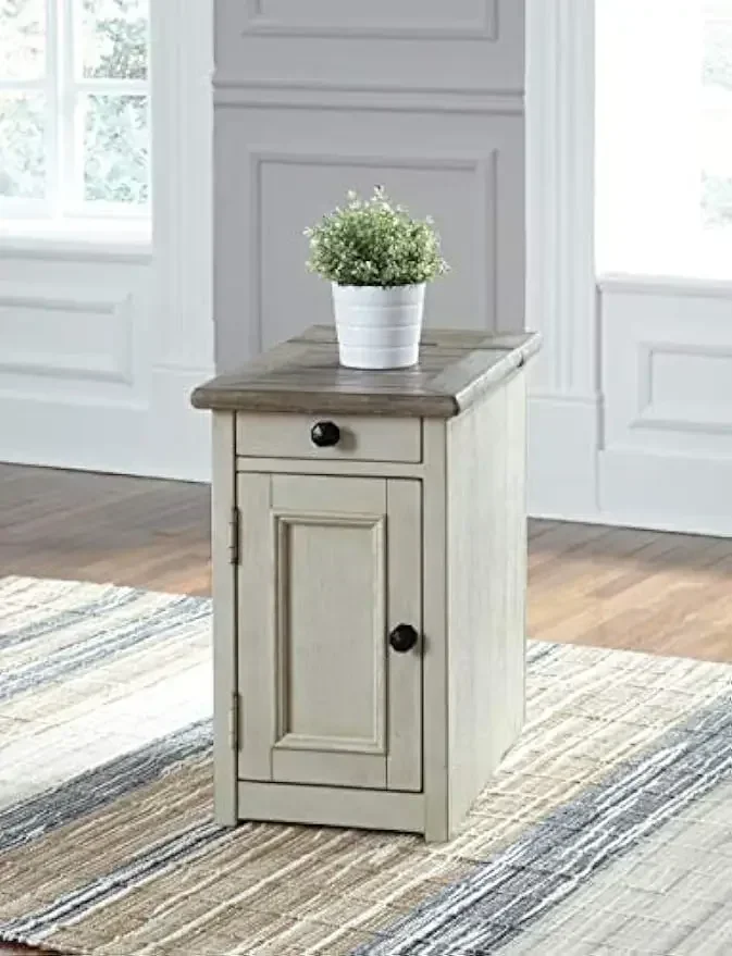 Farmhouse Chair Side End Table with Outlets and USB Ports,  Antique Cream & Brown