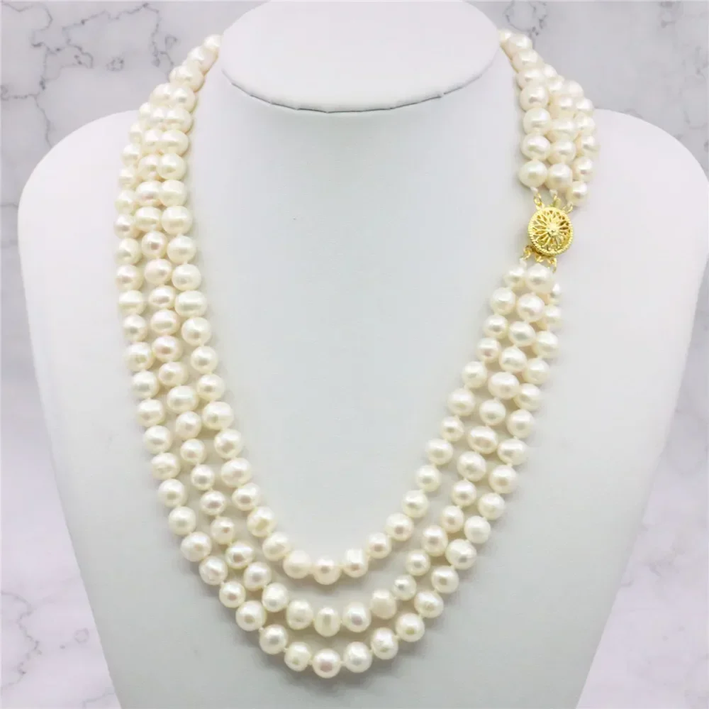 

3 Rows 7-8mm White Akoya Cultured Pearls Necklace Fashion Jewelry Making Design Hand Made Ornament Mother's Day gifts 17-21"xu80