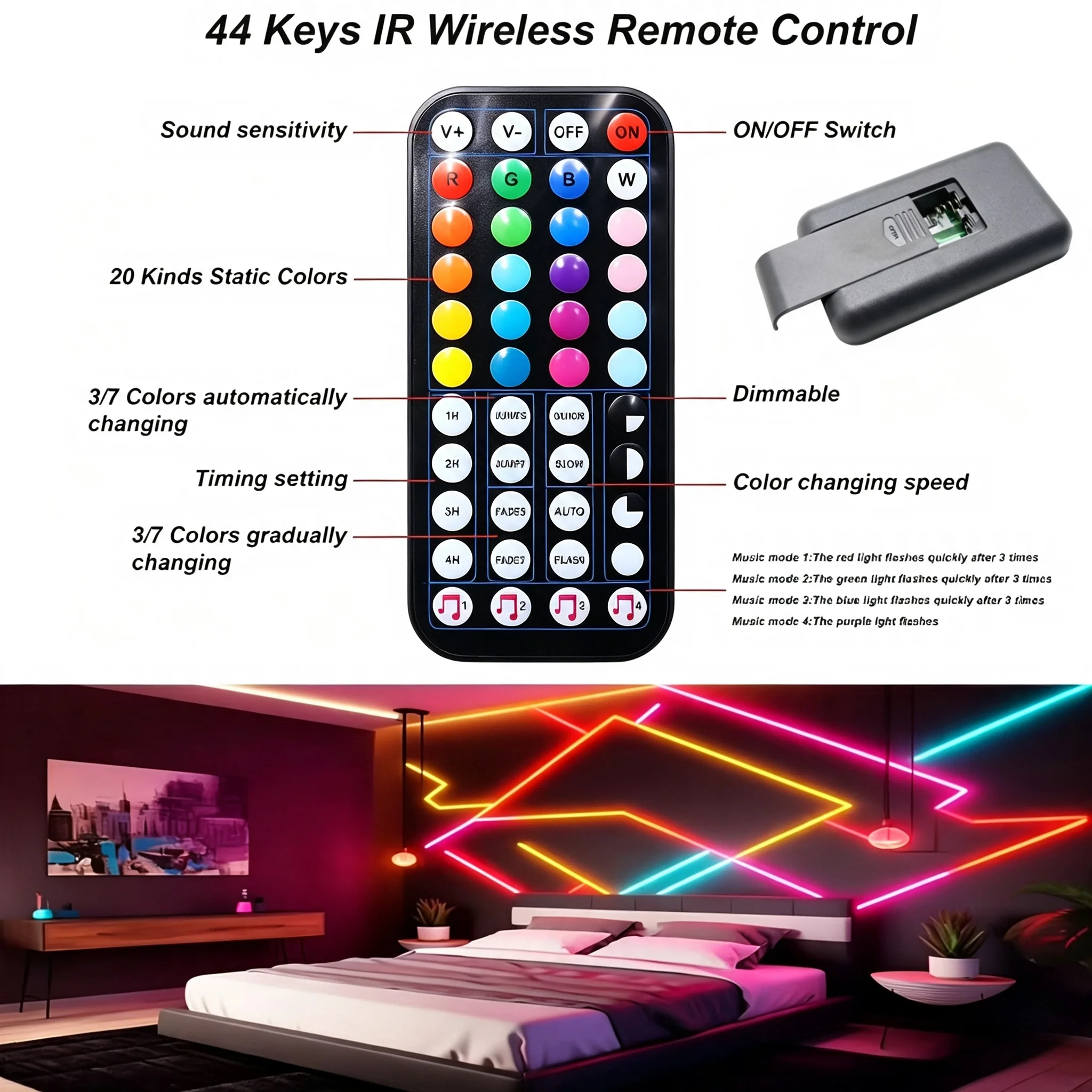 Rgb Color-Changing Neon Light Strip, Led Light Strip for Holiday Parties and Bedrooms, Color-Changing Led Strip with 44-Key Remote Control, Can Flash to the Music, Flexible and Cuttable for DIY Designs, Used for Home,