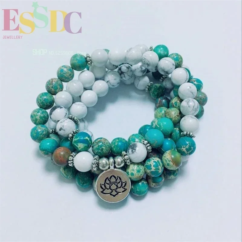 ESSDC New Arrival 8mm Natural Howlite Imperial Stone 108 Beads Mala  High Quality Lotus Charm Women Bracelet /Necklace