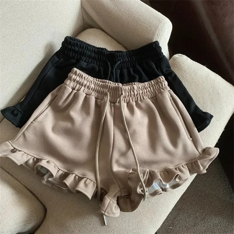 Summer Wood Ear Edge High Waisted Casual Wide Leg Drawstring Sports Shorts For Women