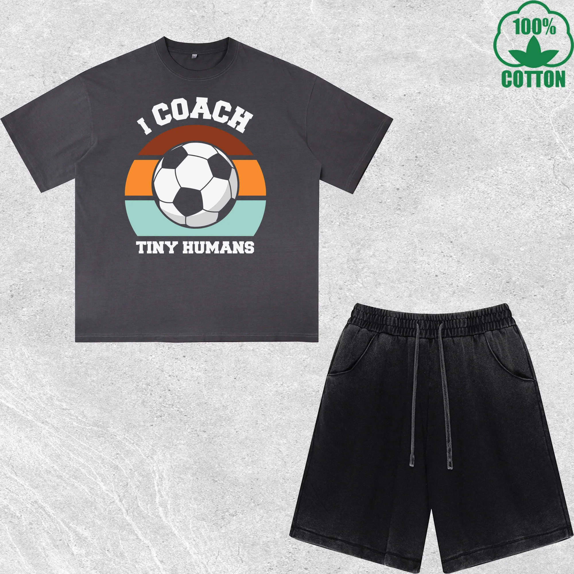 

I Coach Tiny Humans Printed Dirty Wash T-Shirt Shorts Set Combo Loose Trendy Fashionable 100%Cotton Black Suit