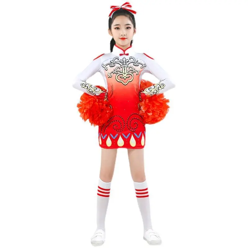 Girls Cheerlead Dance Costumes Flash Drill Women Dress Cheerleading Uniform Chinese Style Printi Aerobics Gymnastics Show Costum