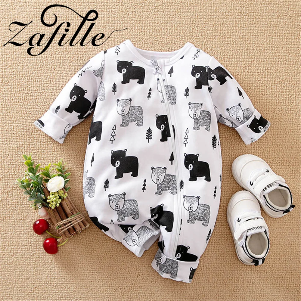 ZAFILLE Zipper Jumpsuit For Newborns Rompers Long Sleeve Toddler Baby Boy Clothes Cartoon Animals Overalls For Children's Outfit