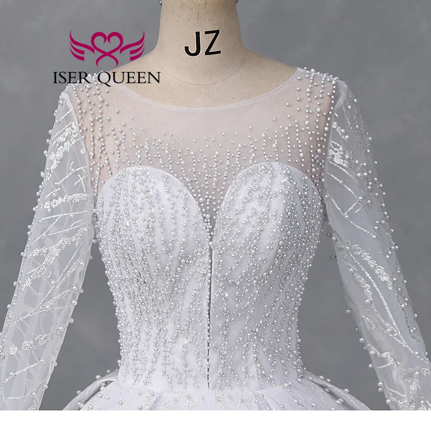 Customized Full Sleeves Africa Style Wedding Dress With Pearls Crystal Heavy Beading Shiny Tulle Plus Size Wedding Gown WX0466