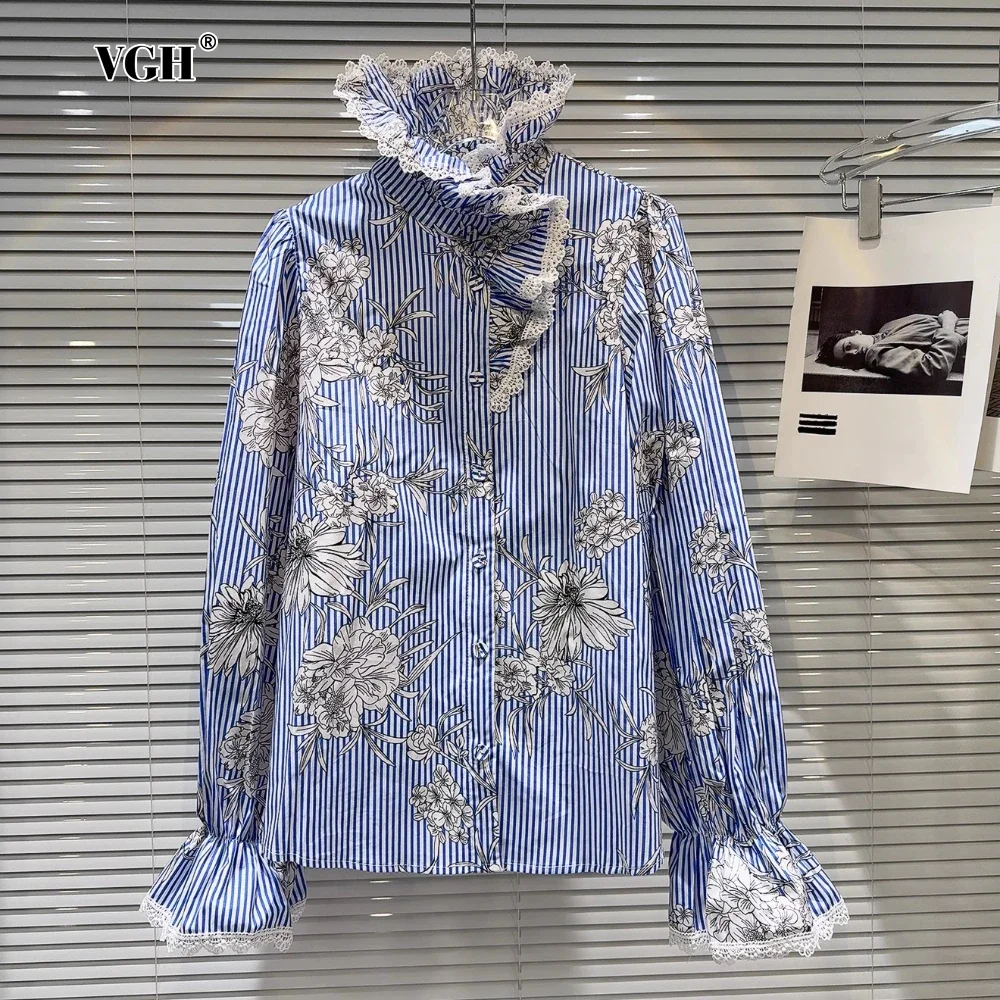 

VGH Fashion Floral Stripe Print Design Shirt for Women High Collar Long Sleeve Patchwork Single Breasted Shirts with Lace Female