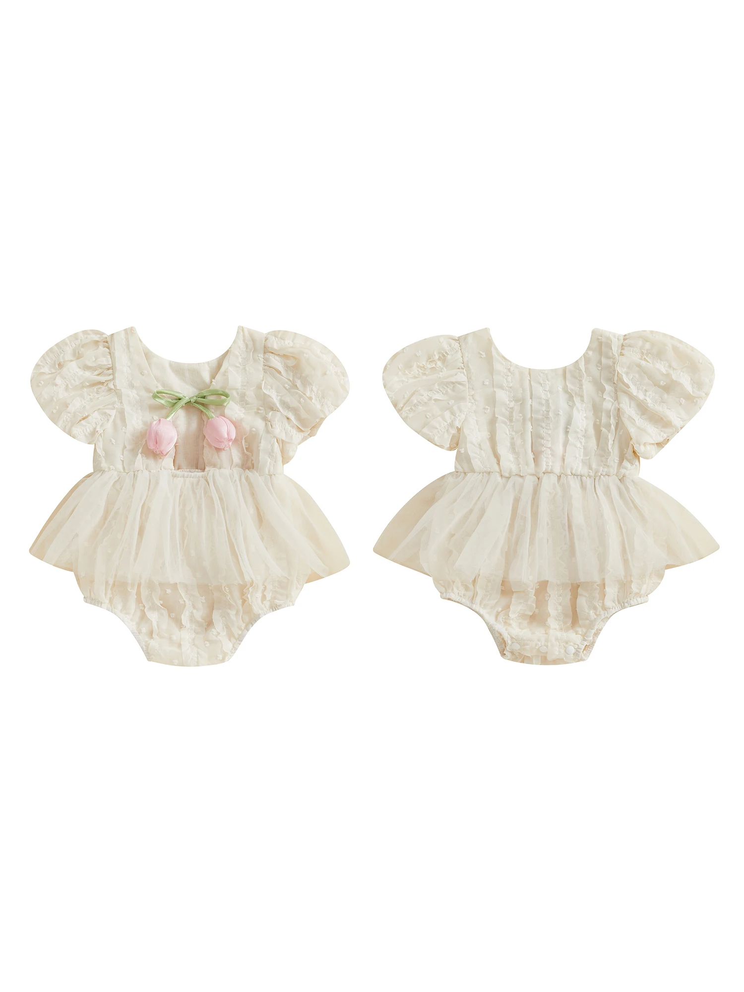 Baby Girl Romper Dress Tulip Flower Stripe Ruffles Trim Crew Neck Bubble Short Sleeve Mesh Tutu Dress for Summer