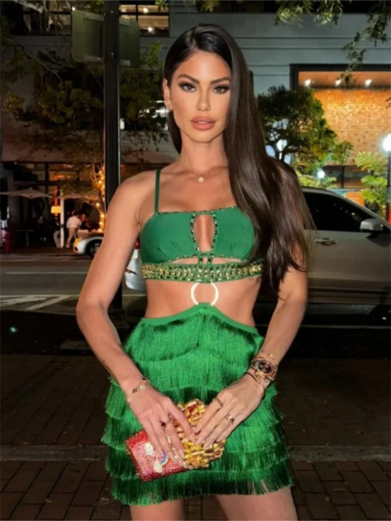 

Green Tassel Women Prom Dress Luxury Crystals Stone Sexy Sleeveless Short Mini Party Gown Formal Sheath Evening Birthday Robe