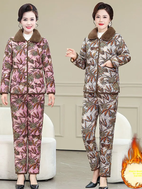 

Faionable Winter Cotton Jaet And Pants Set with Fur Collar Large Flower Design for Middle-Aged And ly Women Warmth G...