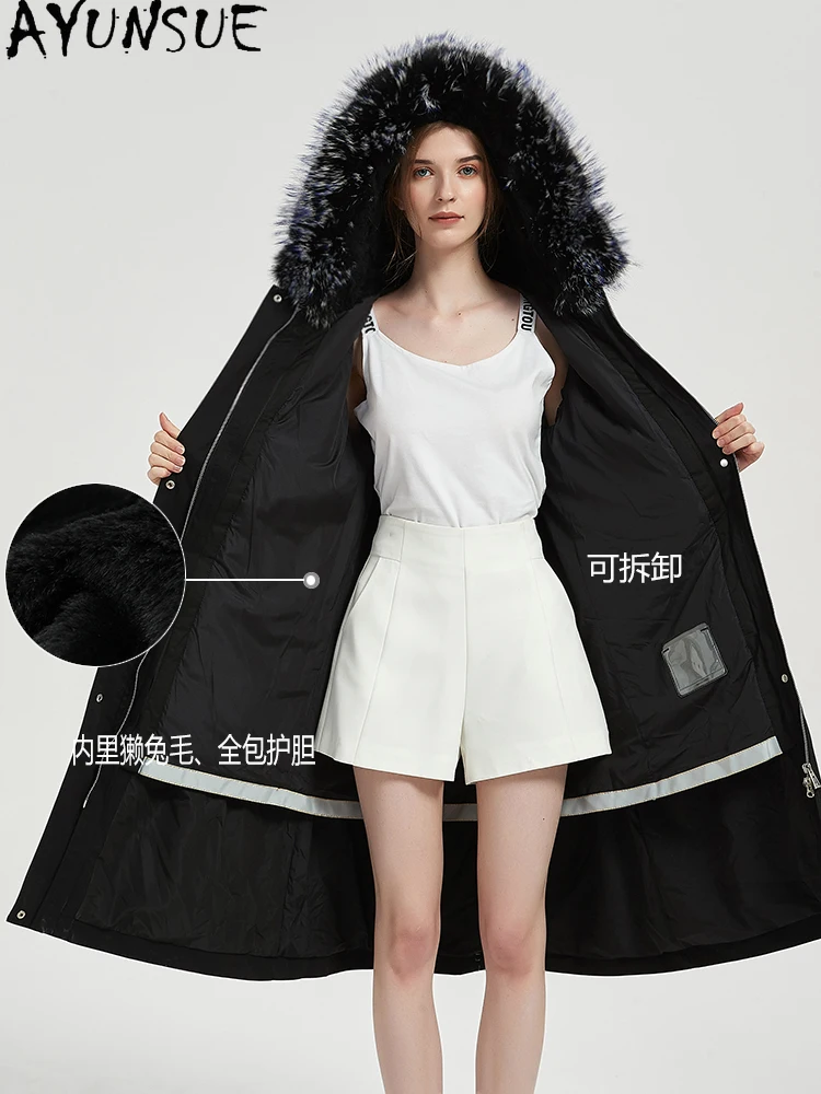 AYUNSUE 렉스 토끼 모피 파카 여성 리얼 모피 코트 후드 겨울 여성 의류 아우터웨어 신상품 폭스 모피 칼라 여성용 코트