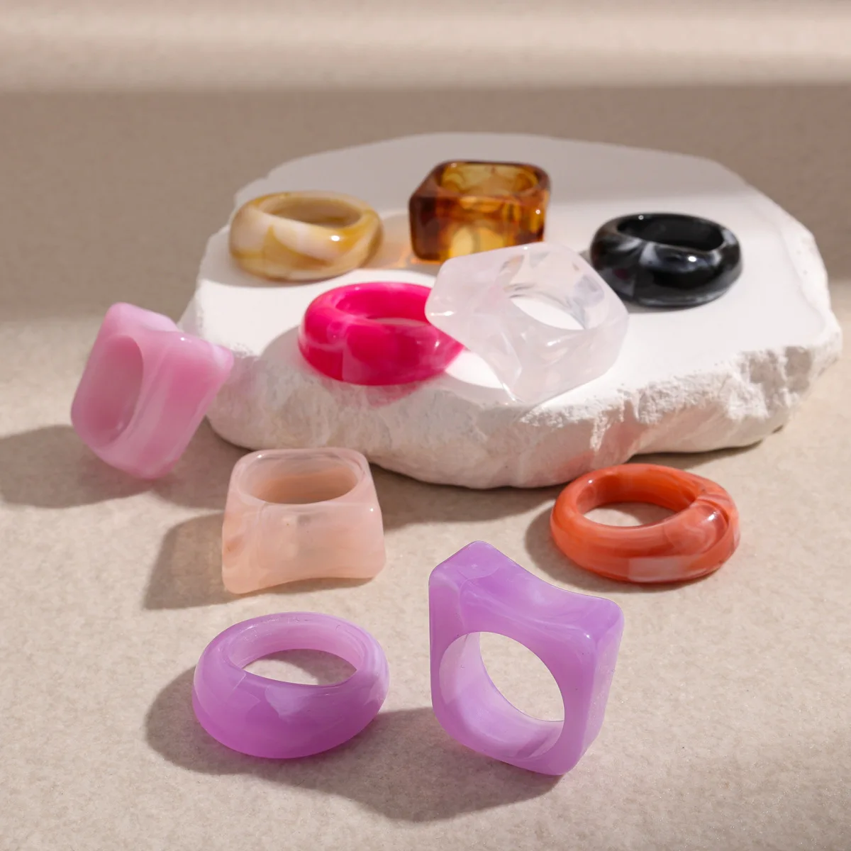 2/3/4/5 Pcs Square Round Irregular Smuding Acrylic Rings for Women Geometric Candy Color Resin Index Finger Ring Jewelry Sets F