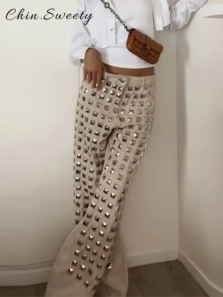 

Vintage Rivet Denim Trousers Women Solid Low Waist Slim Straight Wide Leg Pants 2025 Spring Summer Lady High Street Jeans New