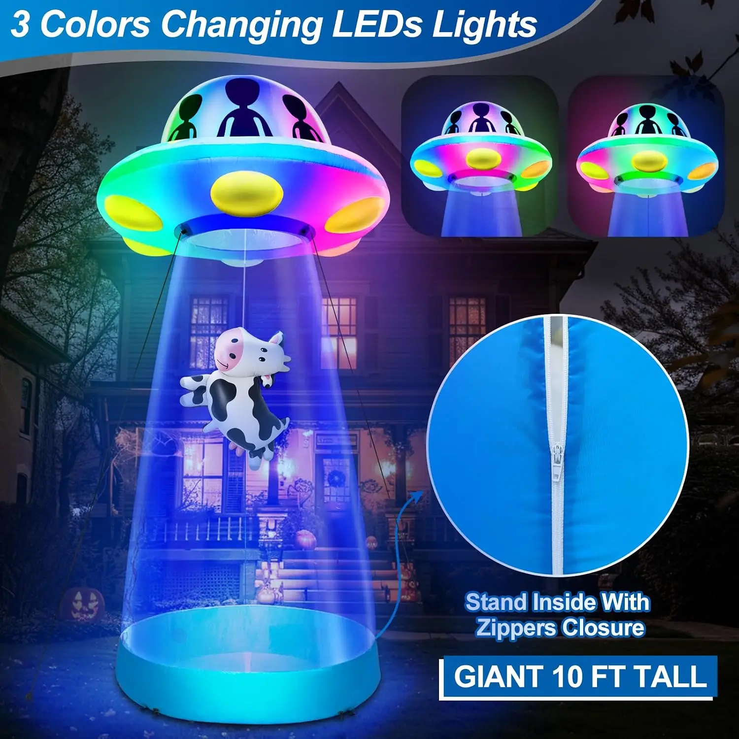 10 Ft Tall Halloween Inflatable UFO Cow Abduction Decorations with Build-in LEDs 3 Colors Changing Light Halloween Blow Up UFO f