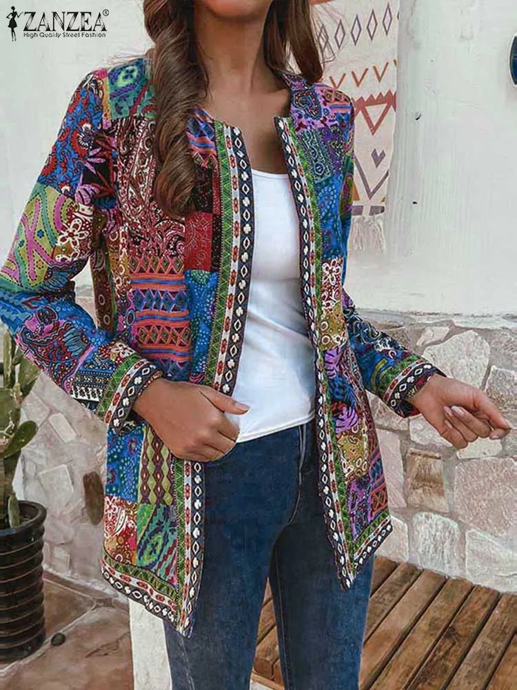 ZANZEA Women Open Front Cardigan Tops Ethnic Print Vintage Bohemian Casual Lined Outerwear O Neck Long Sleeve 2024 Fall Jackets