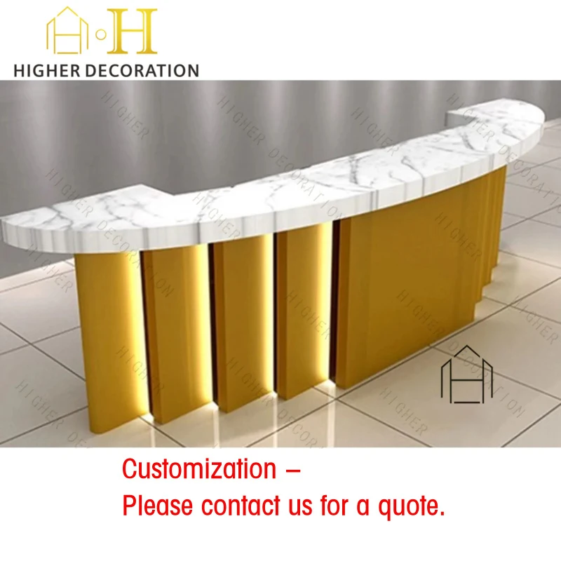 custom.Factory-Direct White Gold Luxury Cashier Counter Curved LED Reception Desk Salon Spa or Restaurant Display