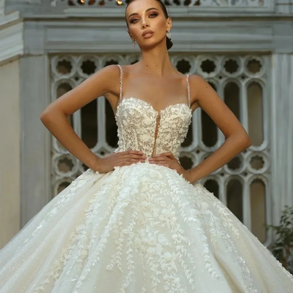 High Quality Wedding Dresses Women's A Line Appliques Lace Spaghetti Straps Flowers Bridal Gowns Party Vestidos De Novia