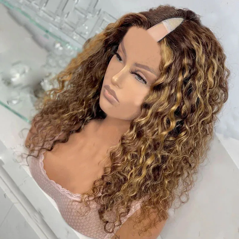 Highlight Honigblonde, federnde, lockige V-Part-Perücke mit Clips, 100 % Echthaar, Wasserwelle, klebefrei, Ombre Braun, U-Form-Perücken, volle Spitze – Detail 2