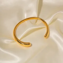 Stainless Steel Color Luxury Open Bangle Metal Texture Glossy 18K Gold Plated Tarnish Proof Bracelet Women Jewelry Party Gift
