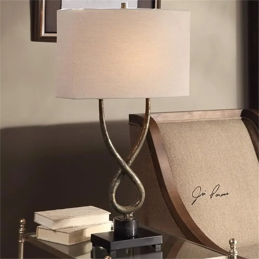 Steel and Marble Table Lamp, 30.25 Height, Aged Silver with Charcoal, Black Marble Base, Light Beige Linen Shade, Suitable for E