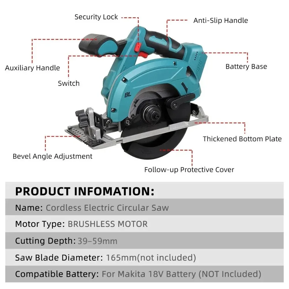 Brushless Circular Saw 165mm Cordless Electric Saw for Makita 18V Battery for Wood Circular Saw Metal Ceramic Stone Wall Cutting