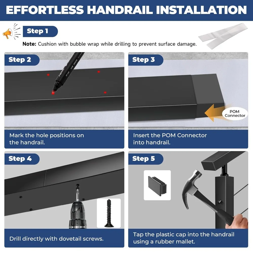 Sistema de trilhos de cabo de escada de deck interno e externo, corrimão preto com 4 tampas de extremidade de nylon para escadas internas balaustrada DIY