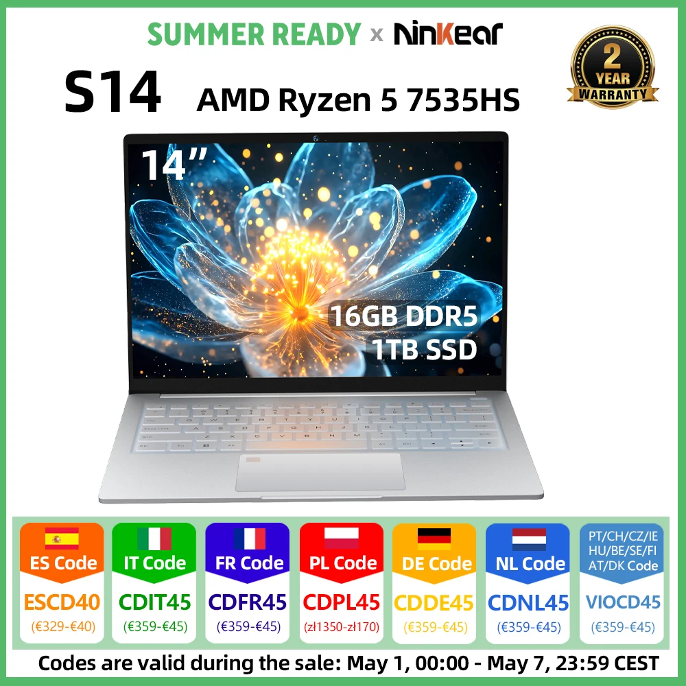 Ordinateur portable Ninkear S14 14 pouces 2.2K 100% sRGB IPS AMD Ryzen 5 7535HS 6 cœurs 4.55GHz 16 Go LPDDR5X 1 To SSD PCIe WiFi 6 BT5.3 Charge rapide PD65W 5195 mAh 1 kg Ultra léger Type-C Windows