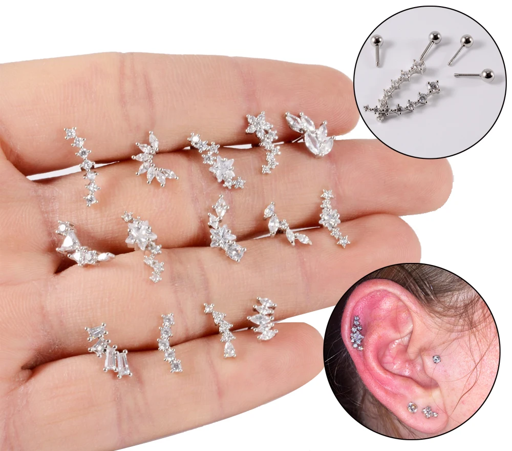 1 pz acciaio inossidabile Cz orecchio Tragus cartilagine orecchini cristallo trasparente fiore lobo elica orecchino bilanciere Piercing gioielli per il corpo 20G