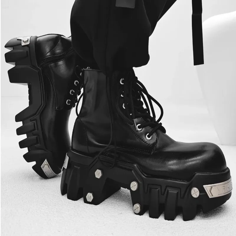 All-Matching Punk Shoes For men Solid Color Lace-Up Knight Female Dark Metal Decoration Muffin Platform Ankle Boots Cool