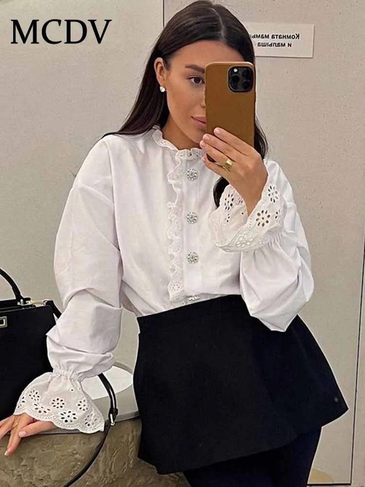 

MCDV Elegant White Ruffled Shirts Women Diamond Button Long Sleeve O-Neck Fashion Loose Blouses Top 2025 New Female Clothing