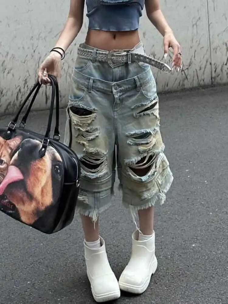 

Loose Fit Distressed Denim Cutoffs High Waist American Street Style Men's And Women's Design Sense Seven-inch Shorts