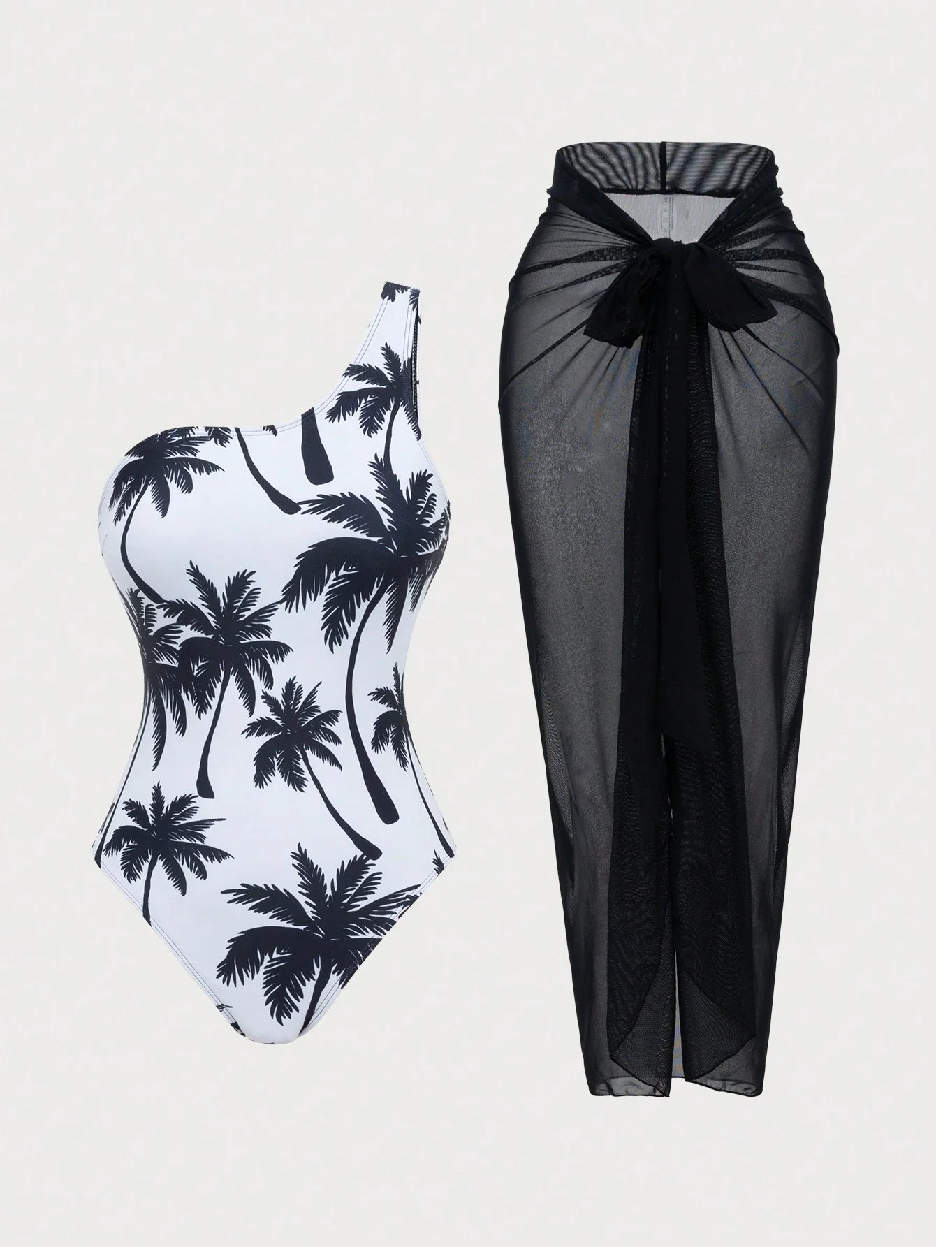 

One-Piece Swimsuit With Palm Tree Print And Black Mesh Beach Skirt Set