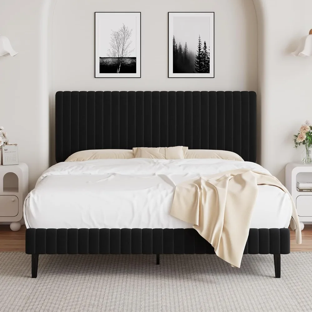 

Queen Bed Frame, Velvet Upholstered Platform Bed with Vertical Channel Tufted Headboard, No Box Spring Required, Easy Assembly,