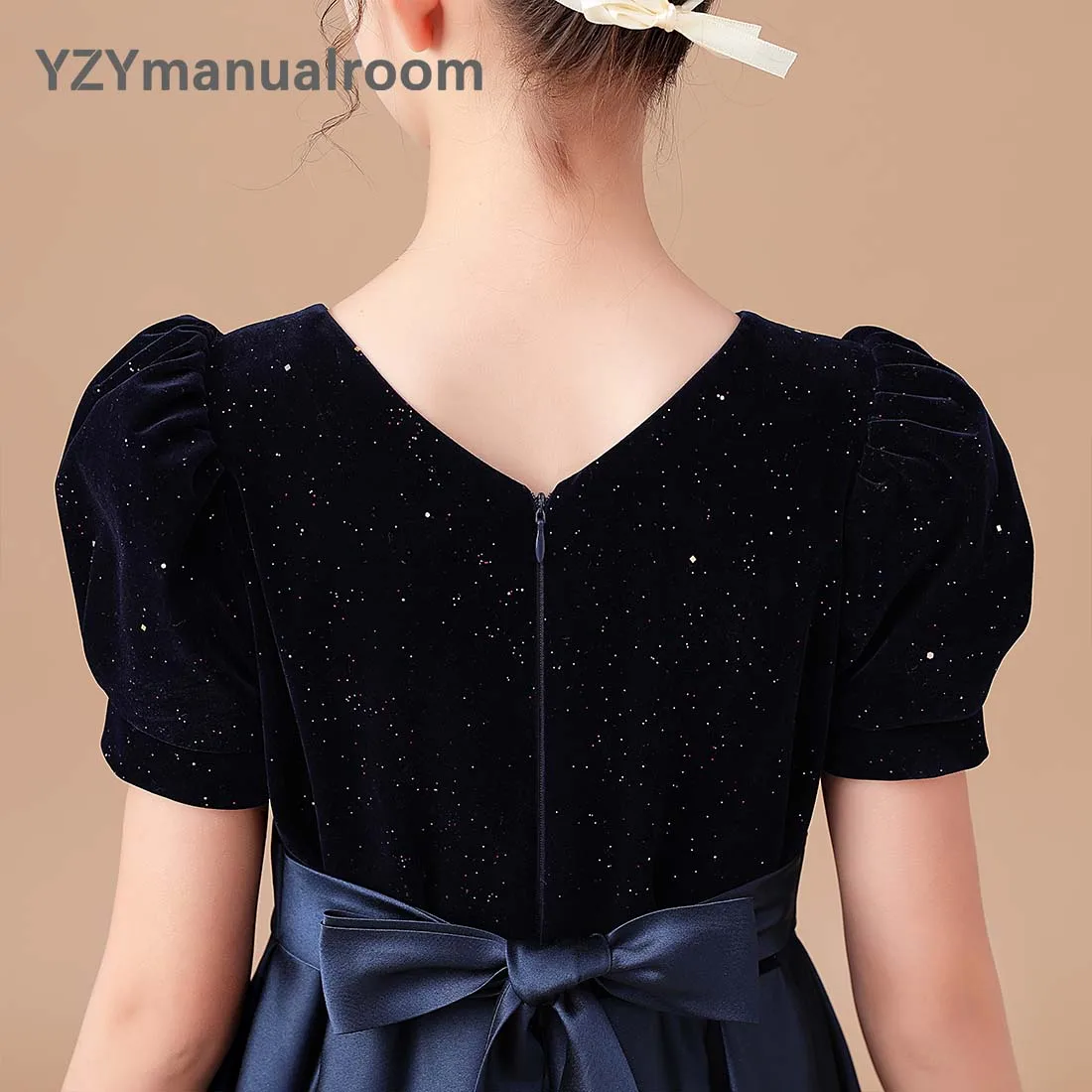 YZYmanualroom Elegant High-end Velvet Satin Navy Blue Concert Dress Pleated Junior Girls Pageant Princess Gown Long Birthday