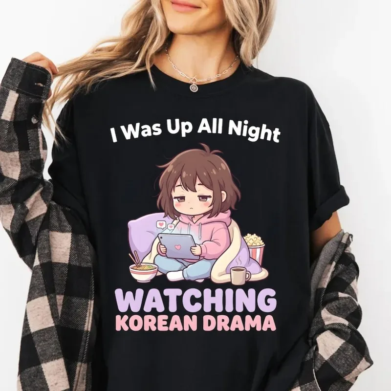 Korean Drama Watching T-Shirt Funny K Drama Lover Shirt Kdrama Obsessed Gifts Cute Anime Girl Printing Tee Cotton Y2k Streetwear