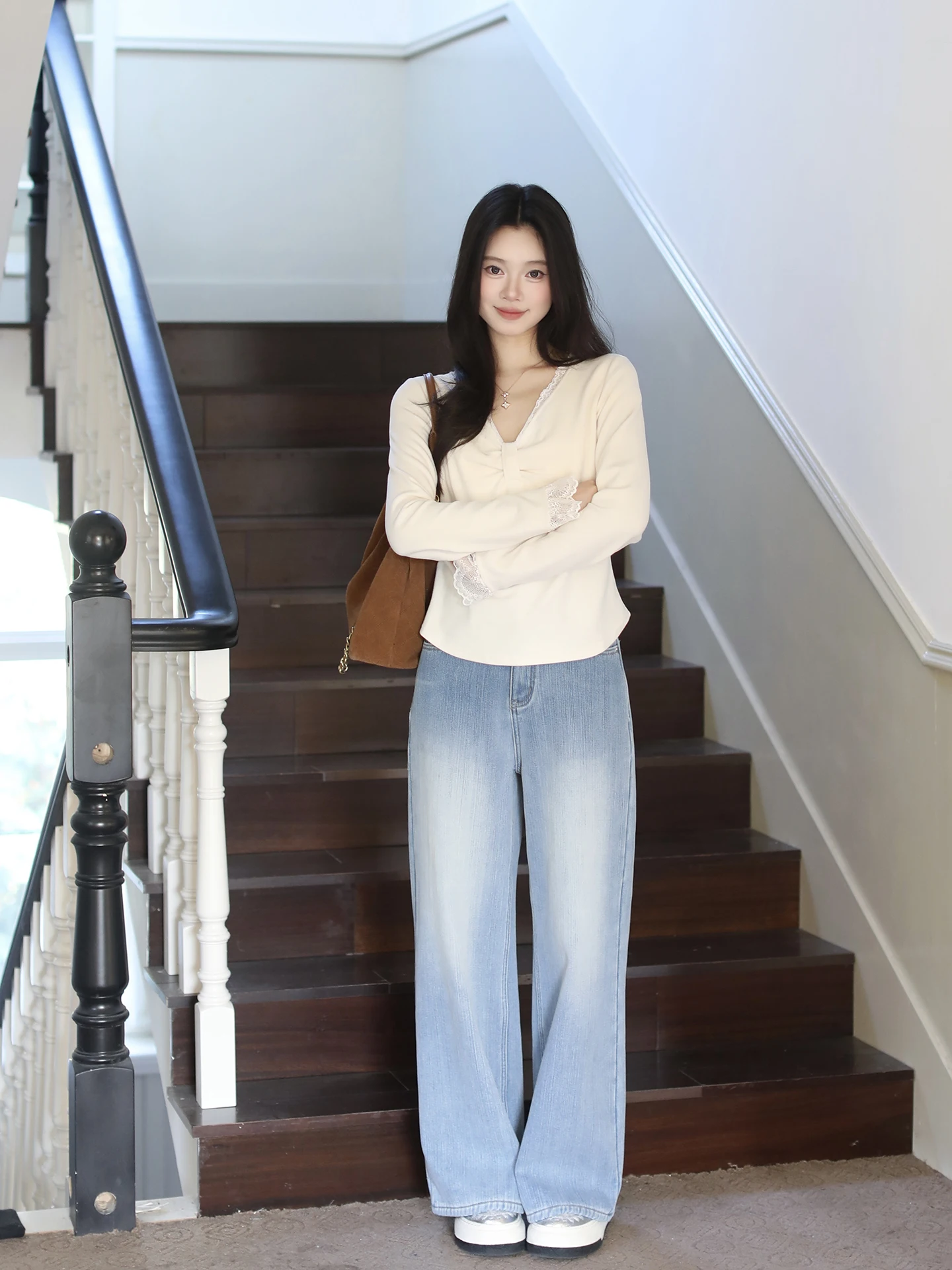 

High Waist Thiened Fce Lined Wide Leg Jeans Women's Winter Warm Cotton Straight Cut Pants mat Sle Casual Wear