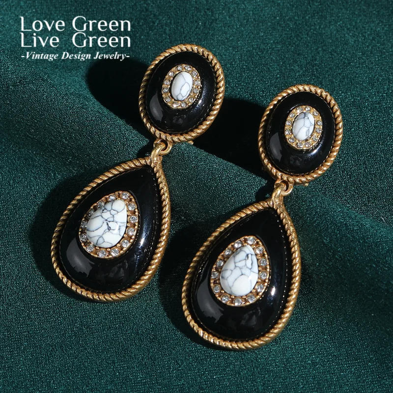 

Vintage Black Enamel Drop Earrings Gold Color Rhinestone Jewelry Luxury Designer Charm Retro Antique Accessories 2025 New Trends