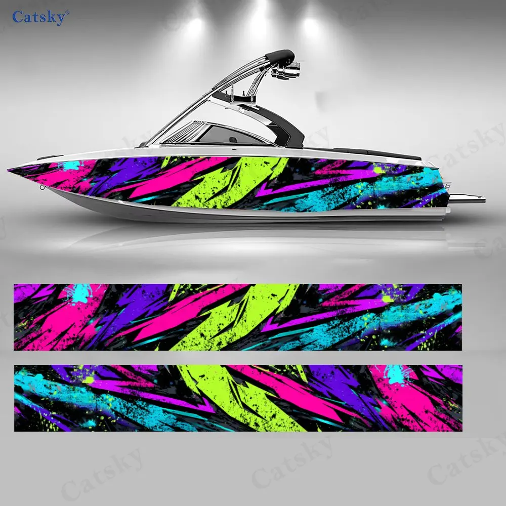 2Pcs Cyber Color Block Boat Stickers, PVC Waterproof Durable Vinyl Wrap Decals for Fishing Boats, Durable and Stylish Design