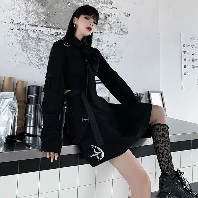 Spring Harajuku Streetwear Two-Piece Skirt Spring Oversize Punk Chain Ribbon Skirts Women 2 Piece Suit For Female