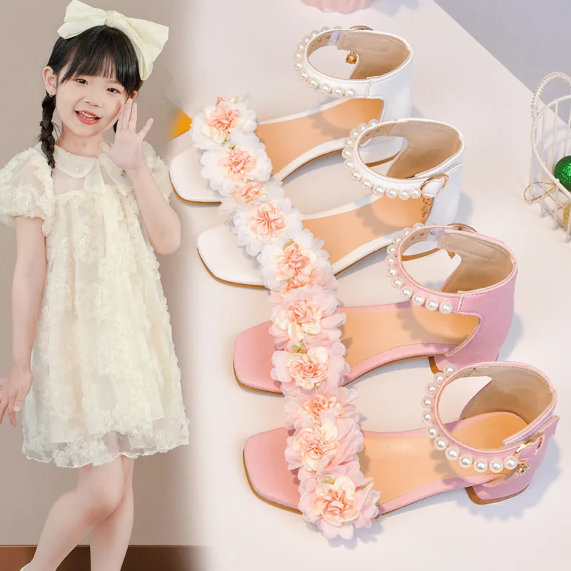 

2026Fashionable Flower Lightweight Children's Soft Pearl Comfortable Flat Sandals Summer Fashion Princess Elegant Casual Sandals