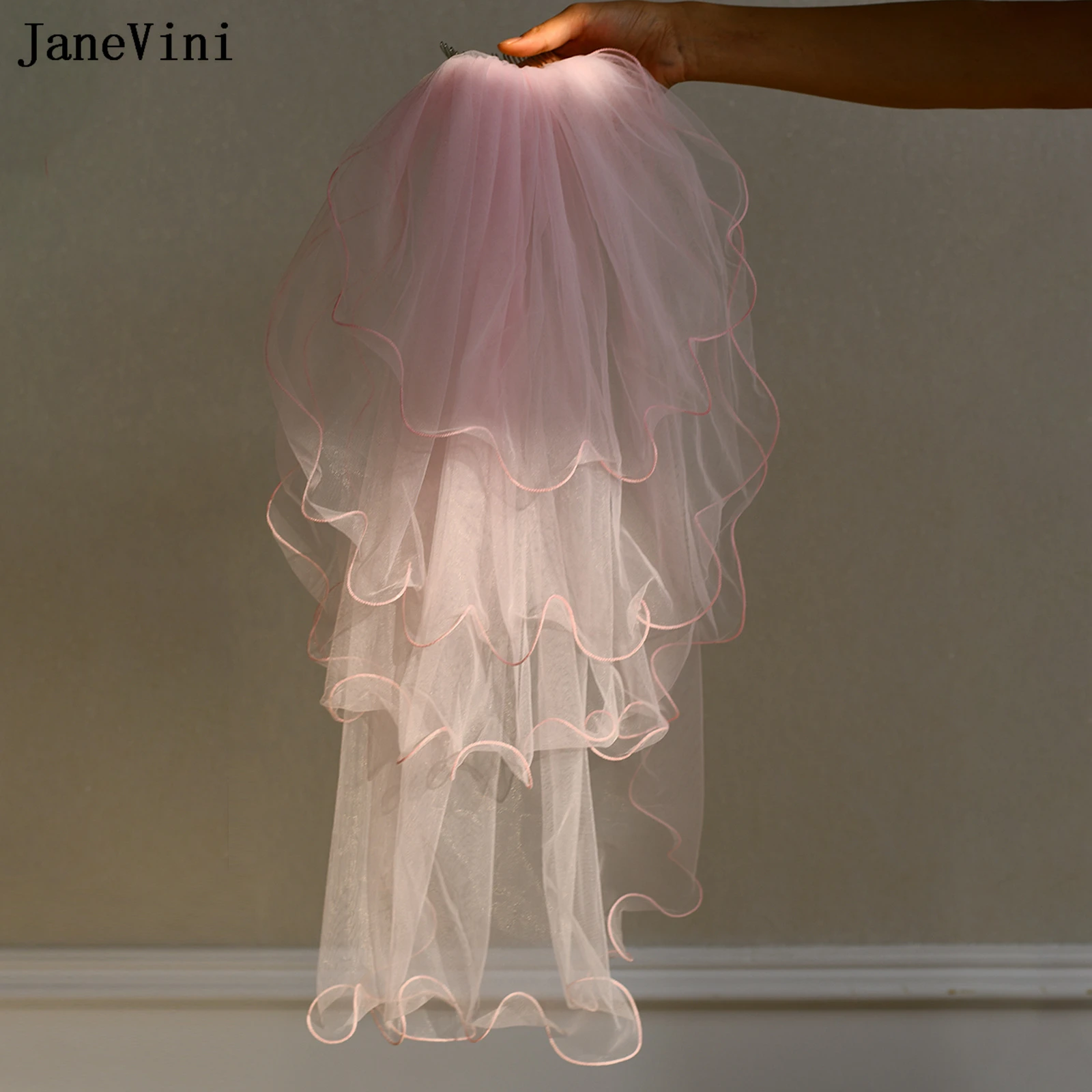 JaneVini New Romantic Pink Short Bridal Veils with Comb Multilayer Tulle Elbow Length Veil Korean Bride Wedding Hair Accessories