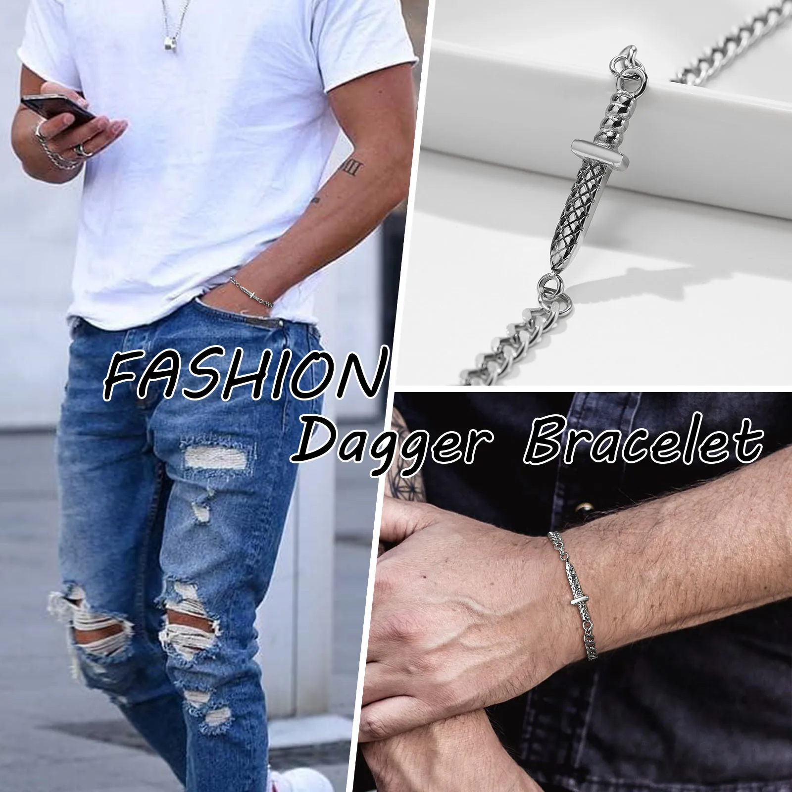 Vnox Cool Dagger Bracelets for Men Women, Never Fade Stainless Steel Cuban Chain Bracelet, Punk Rock Boy Sword Knife Wristband