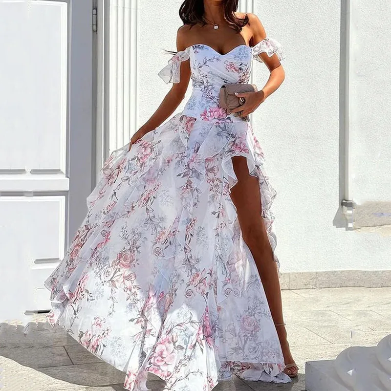 

Split Waist Long Dress 2025 European and American Summer Autumn New Trend Sexy Spicy Girl Off Shoulder Comfort Suspender Dress