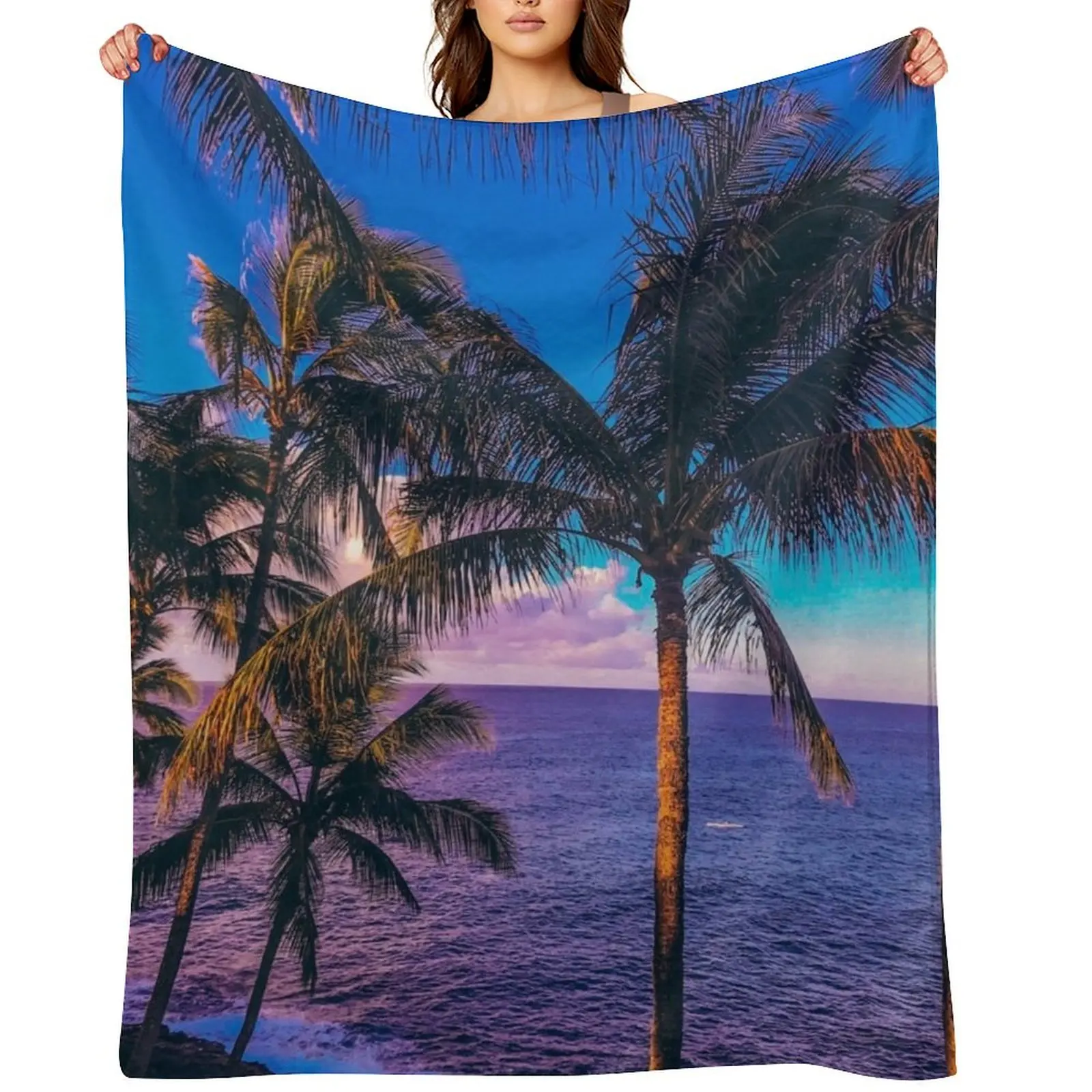 

Pink and Blue Hawaiian Palm Trees and Ocean Throw Blanket Thermal Luxury Brand for sofa wednesday Blankets